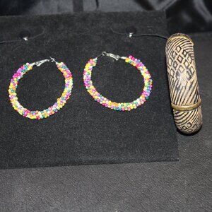 African Tribal inspired Seed Bead Hoop Earrings & Animal print Bangle Bracelet